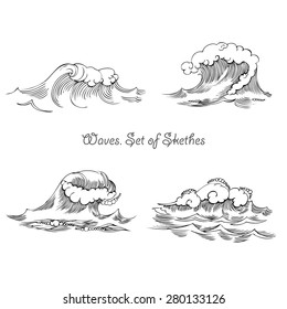 Waves. Set of sketches black and white. Vector Illustration