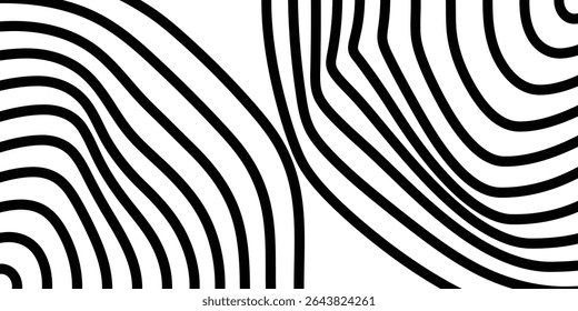Ondas en forma de decoración. Estilo de rayas de ilusión óptica. Ondas rayadas de líneas negras curvas de fondo. Elemento de Diseño gráfico con líneas distorsionadas. ILUSTRACIÓN VECTORIAL EPS