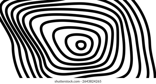 Ondas en forma de decoración. Estilo de rayas de ilusión óptica. Ondas rayadas de líneas negras curvas de fondo. Elemento de Diseño gráfico con líneas distorsionadas. ILUSTRACIÓN VECTORIAL EPS