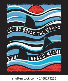 waves and shark fin illustration . Tee shirt graphics. print