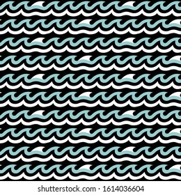 Waves, sharks, shark fishes fins vector seamless pattern. Wavy striped bodrer lines summer ocean holidays background.
