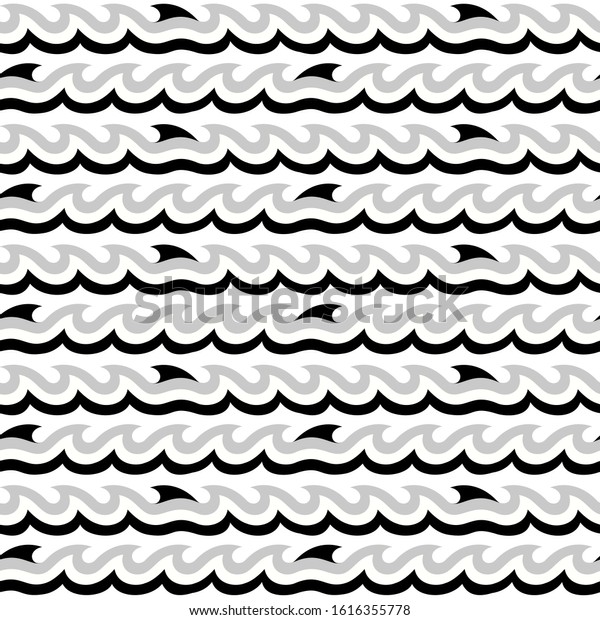 Waves, sharks, shark fishes fins,\
chavron, scallop handdrawn stripes vector seamless pattern. Black,\
white striped wavy lines, border stripes\
ornament.\
