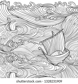 Waves and the ship.  Abstract hair and marine design elements could be used for coloring book. Black and white vector illustration. 