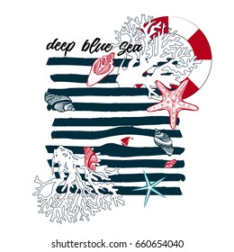 Waves, ship, shells, life buoy, corals vector image. Marine print for a summer shirt.