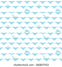 Waves, ships, sharks and monsters. Abstract seamless pattern vector illustration