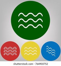 Waves sign illustration. Vector. 4 white styles of icon at 4 colored circles on light gray background.