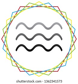 Waves sign illustration. Vector. Black icon with patch of light inside colorful hexagonal frames at white background.