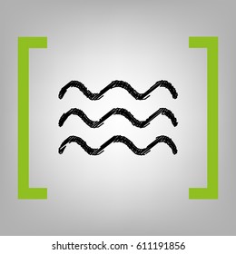 Waves sign illustration. Vector. Black scribble icon in citron brackets on grayish background.