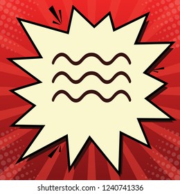 Waves sign illustration. Vector. Dark red icon in lemon chiffon shutter bubble at red popart background with rays.