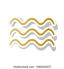 Waves sign illustration. Vector. Golden gradient icon with white contour and rotated gray shadow at white background.