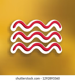 Waves sign illustration. Vector. Magenta icon with darker shadow, white sticker and black popart shadow on golden background.