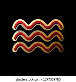 Waves sign illustration. Vector. Red icon with small black and limitless shadows at golden sticker on black background.