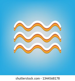 Waves sign illustration. Vector. White icon with 3d warm-colored gradient body at sky blue background.