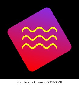 Waves sign illustration. Vector. Yellow icon at violet-red gradient square with rounded corners rotated for dynamics on black background.