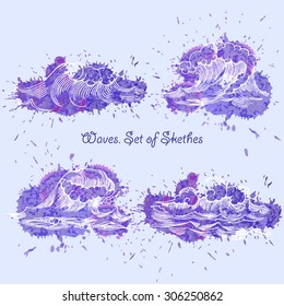 Waves.Set of sketches. Hand drawn elements with white waves and watercolor splashes. Vector Illustration