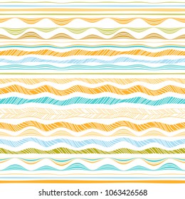 Waves and slopes seamless pattern. Vectors dividers, borders, ribbons, banner design elements set. Colorful abstract doodle ornaments collection. 