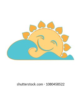 Waves and smiling Sun with heart-shaped rays vector illustration. Can be used for summer camp logo design.
