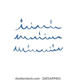 Waves sparkles marine hand drawn set doodle sketchy style in navy blue. Abstract simple