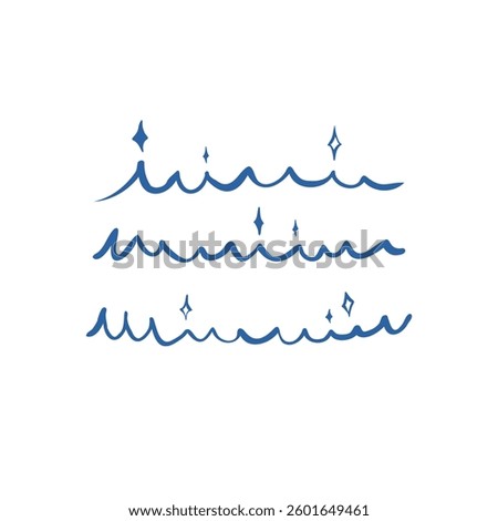 Waves sparkles marine hand drawn set doodle sketchy style in navy blue. Abstract simple