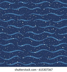 Waves with spray, splash, dots texture seamless vector pattern. Wavy lines, undulating thin stripes, streaks and specks, spots, blobs background. Marine, navy abstract template.