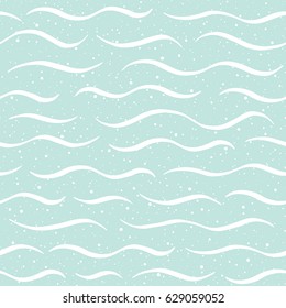 Waves with spray, splash, dots texture seamless vector pattern. Wavy lines, undulating thin stripes, streaks and specks, spots, blobs background. Marine, navy abstract template. Mint green and white.