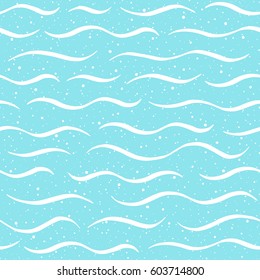 Waves with spray texture seamless vector pattern. Wavy lines, undulating thin stripes, streaks and splash, dots, blobs, drops. Marine, maritime, sea background. Hand drawn stylized water template.