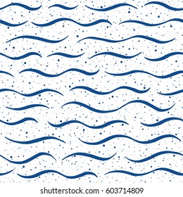 Waves with spray texture seamless vector pattern. Wavy lines, undulating thin stripes, streaks and splash, dots, blobs, drops. Marine, maritime, sea background. Hand drawn stylized water template.