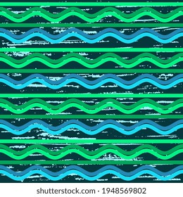 Waves and stripes blue and green on a dark green background with an old antique texture. Abstract beautiful illustration. Seamless.