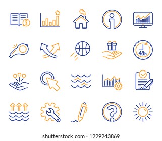 Waves, sun, efficacy line icons. Customisation, Global warming, Question mark icons. Signature Rfp, Information, Efficacy. Waves, Consolidation, Operational excellence. Question mark, whistle. Vector