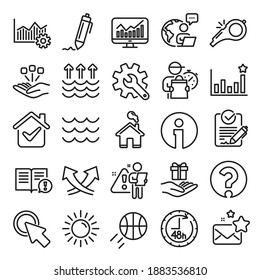 Waves, sun, efficacy line icons. Customisation, Global warming, Question mark icons. Signature Rfp, Information, Efficacy. Waves, Consolidation, Operational excellence. Question mark, whistle. Vector