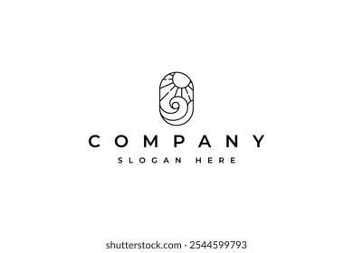 ondas e logotipo do sol em moldura oval em estilo de design monolino de arte de contorno minimalista