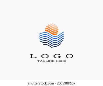 Waves sun and ocean logo. Aesthetic simple design vector with orange and yellow. Logo with lines and strokes art. Suitable for travel, resort, hotel, park, beach, corporate.