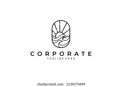 waves and sun shining logo in oval frame in minimalistic mono line design style