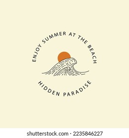 waves and sun shining logo in oval frame in minimalistic mono line design style.