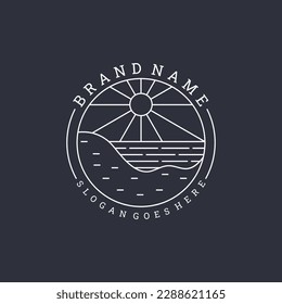 waves and sun shining logo in oval frame in minimalistic mono line design
