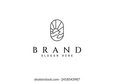 waves and sun shining logo in oval frame in minimalistic outline linear design style