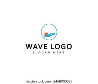 Waves and sun shining logo in oval frame in minimalistic mono line design style