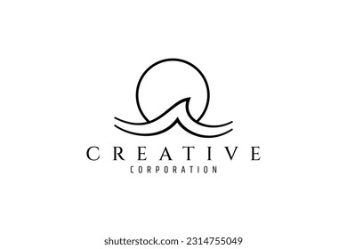 Waves and sun in simple line art design