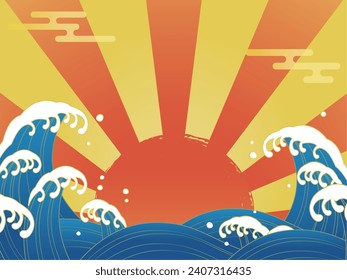 Waves and sunrise background vector illustration
