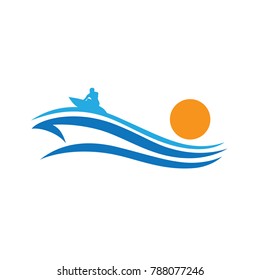 waves, surfer and sun logo