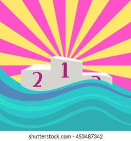 Waves are sweeping winners podium. Vector illustration. 