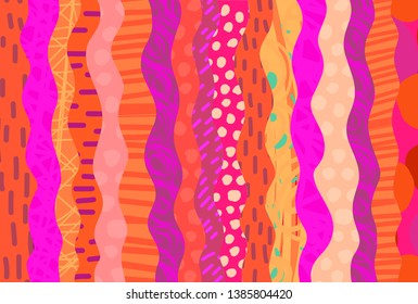Waves textile stripes hand drawn cartoon style background in vibrant colors orange pink purple green