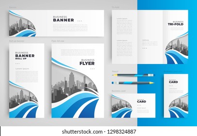 Waves theme Set flyer cover, tri-fold, banner, roll up banner, business card blue color