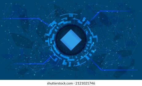Waves token symbol in a digital circle on polygonal blue background. Cryptocurrency coin icon. Digital gold for website or banner. Copy space. Vector.
