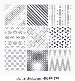 Waves, triangles and geometry design. Braid weave, diagonal lines and ornament textures. Linear geometric patterns. Modern repeating stylish textures. Material patterns.