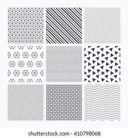 Waves, triangles and geometry design. Cubes, dashed diagonal lines and ornament seamless textures. Linear geometric patterns. Modern textures. Material patterns.