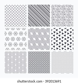 Waves, triangles and geometry design. Floral ornament, roof tiles and hex seamless textures. Linear geometric patterns. Modern textures. Material patterns.