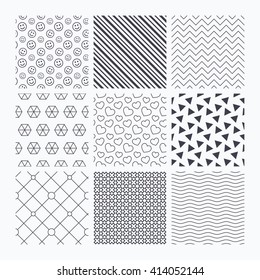 Waves, triangles and geometry design. Hearts, smile and circles grid seamless textures. Linear geometric ornament patterns. Modern textures. Material patterns.