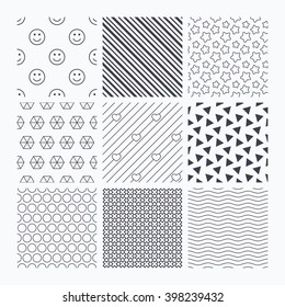 Waves, triangles and geometry design. Stars, hearts and smile circles seamless textures. Linear geometric patterns. Modern textures. Material patterns.