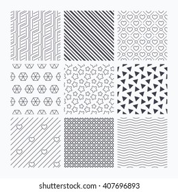 Waves, triangles and geometry design. Stars, diagonal lines and hearts seamless textures. Linear geometric ornament patterns. Modern textures. Material patterns.